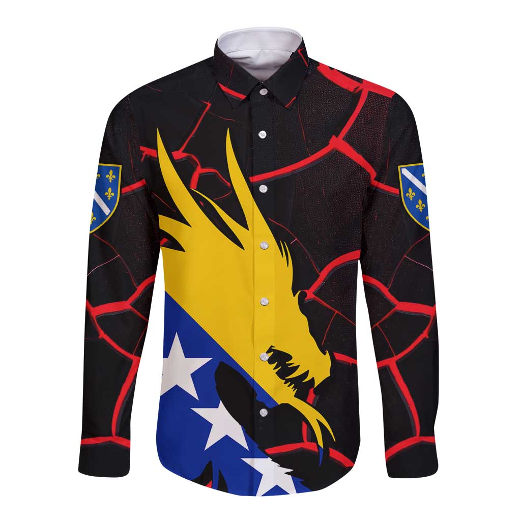 Bosnia and Herzegovina Flag Long Sleeve Button Shirt with Dragon Shape - Fusion of National Pride & Sports Spirit