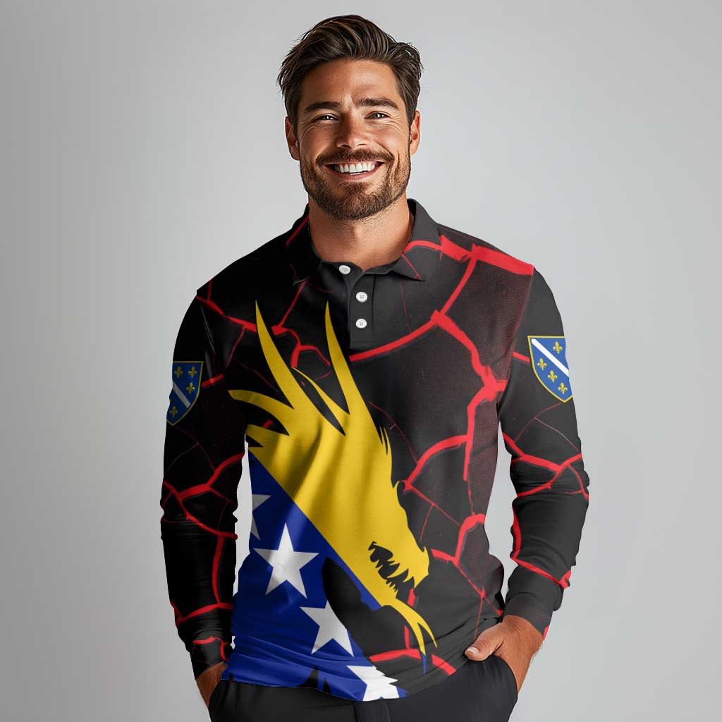 Bosnia and Herzegovina Flag Long Sleeve Polo Shirt with Dragon Shape - Fusion of National Pride & Sports Spirit