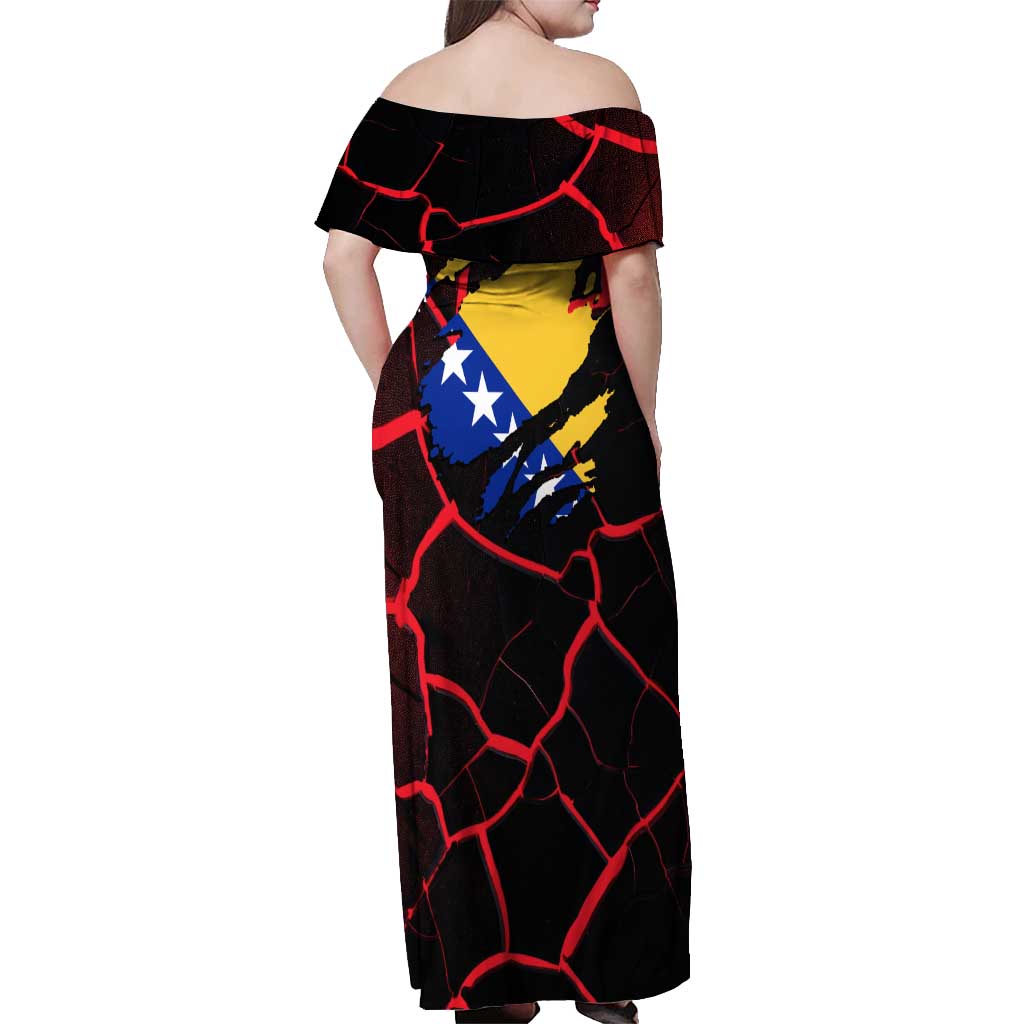 Bosnia and Herzegovina Flag Off Shoulder Maxi Dress with Dragon Shape - Fusion of National Pride & Sports Spirit