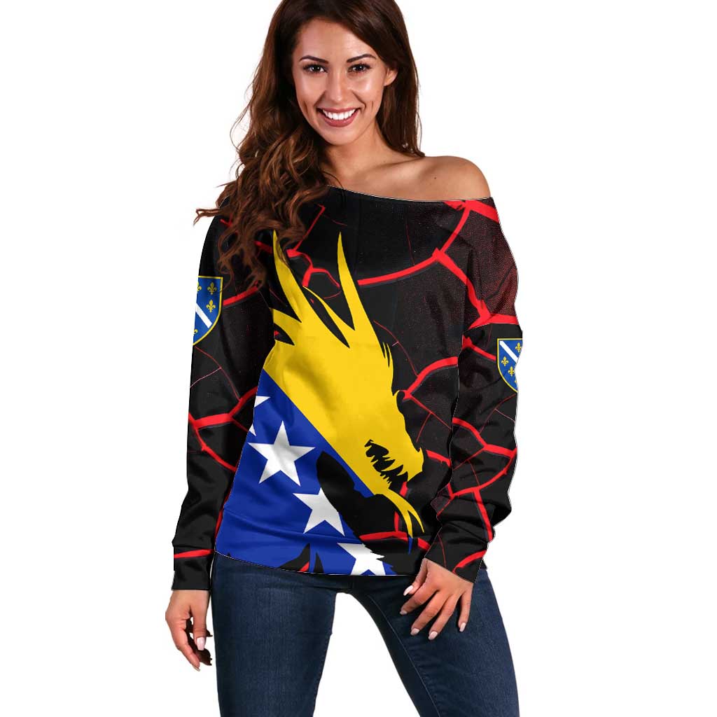 Bosnia and Herzegovina Flag Off Shoulder Sweater with Dragon Shape - Fusion of National Pride & Sports Spirit