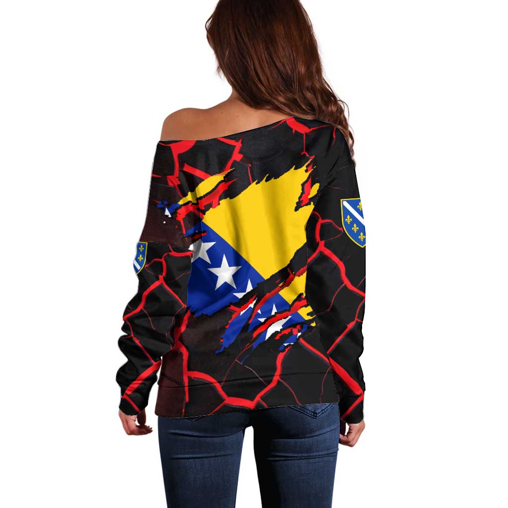Bosnia and Herzegovina Flag Off Shoulder Sweater with Dragon Shape - Fusion of National Pride & Sports Spirit