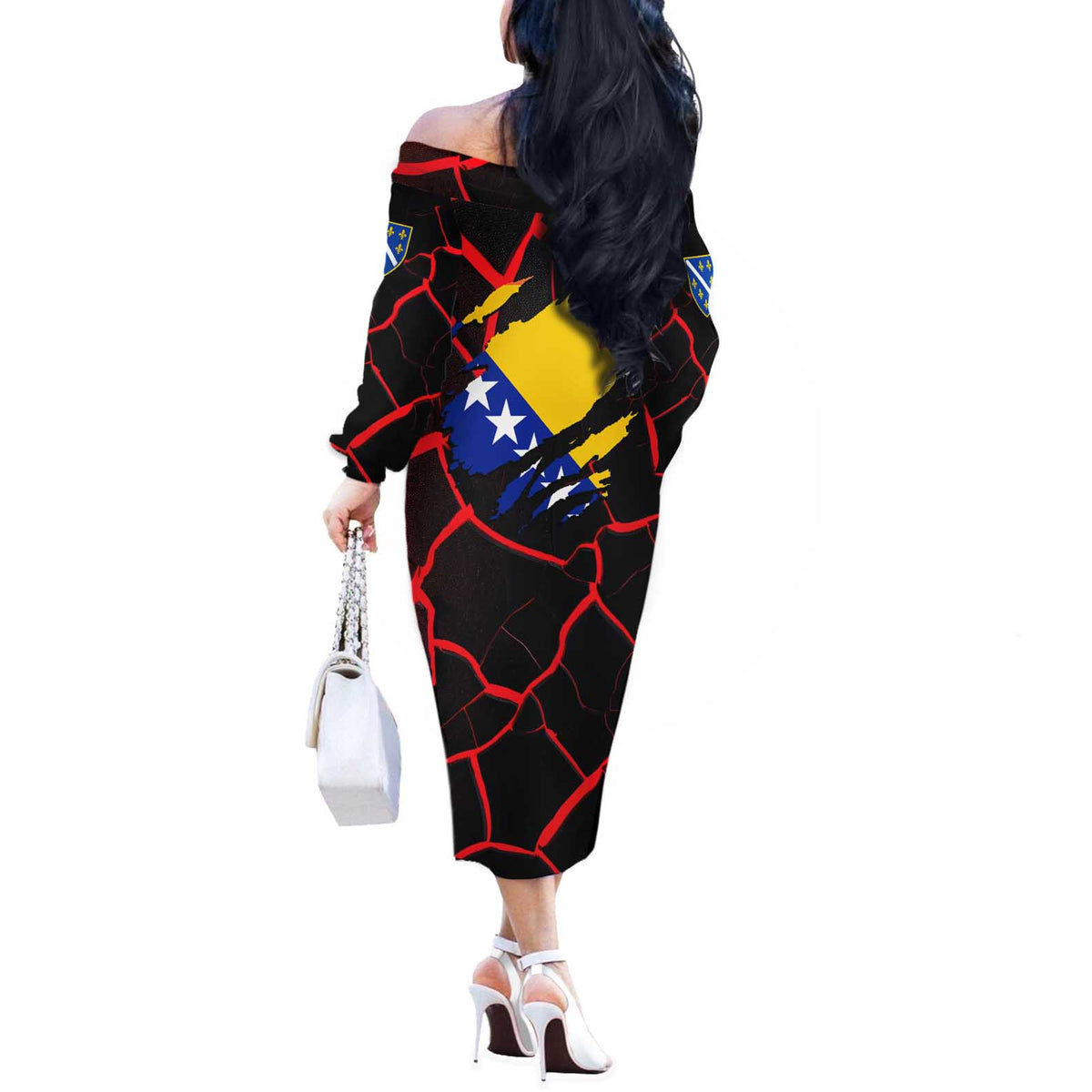 Bosnia and Herzegovina Flag Off The Shoulder Long Sleeve Dress with Dragon Shape - Fusion of National Pride & Sports Spirit