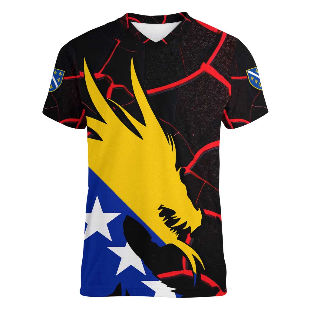 Bosnia and Herzegovina Flag Women V-Neck T-Shirt with Dragon Shape - Fusion of National Pride & Sports Spirit