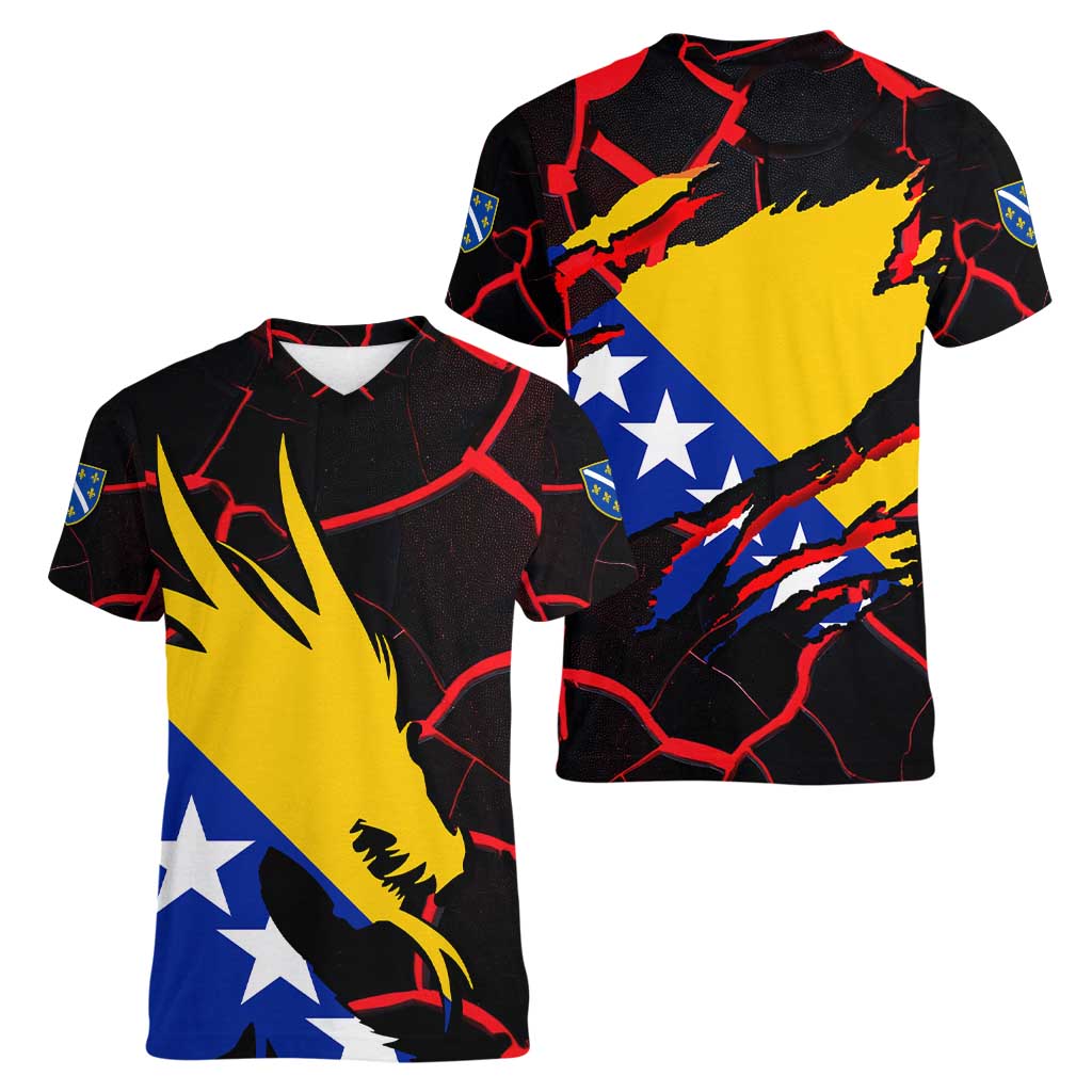 Bosnia and Herzegovina Flag Women V-Neck T-Shirt with Dragon Shape - Fusion of National Pride & Sports Spirit