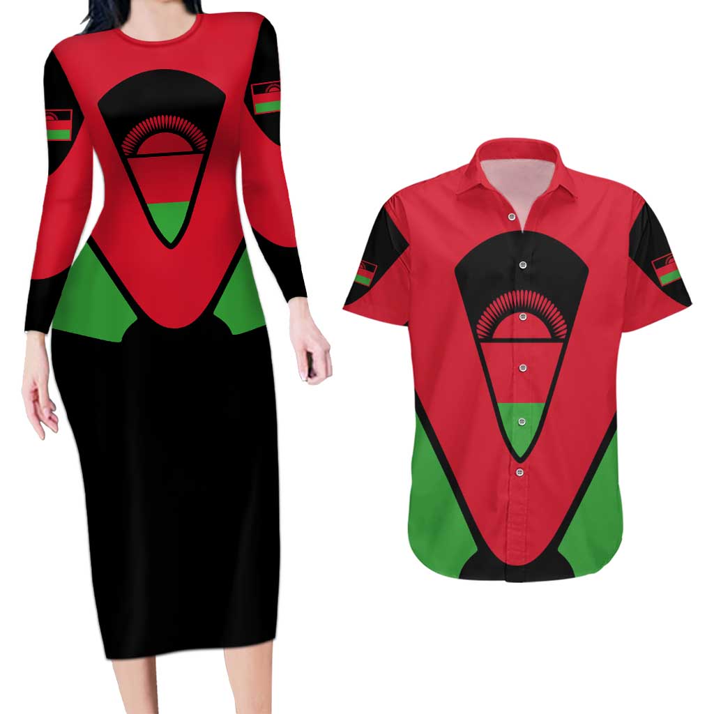 Malawi Flag Couples Matching Long Sleeve Bodycon Dress and Hawaiian Shirt Colors Blended with National Emblem - Symbolic Design