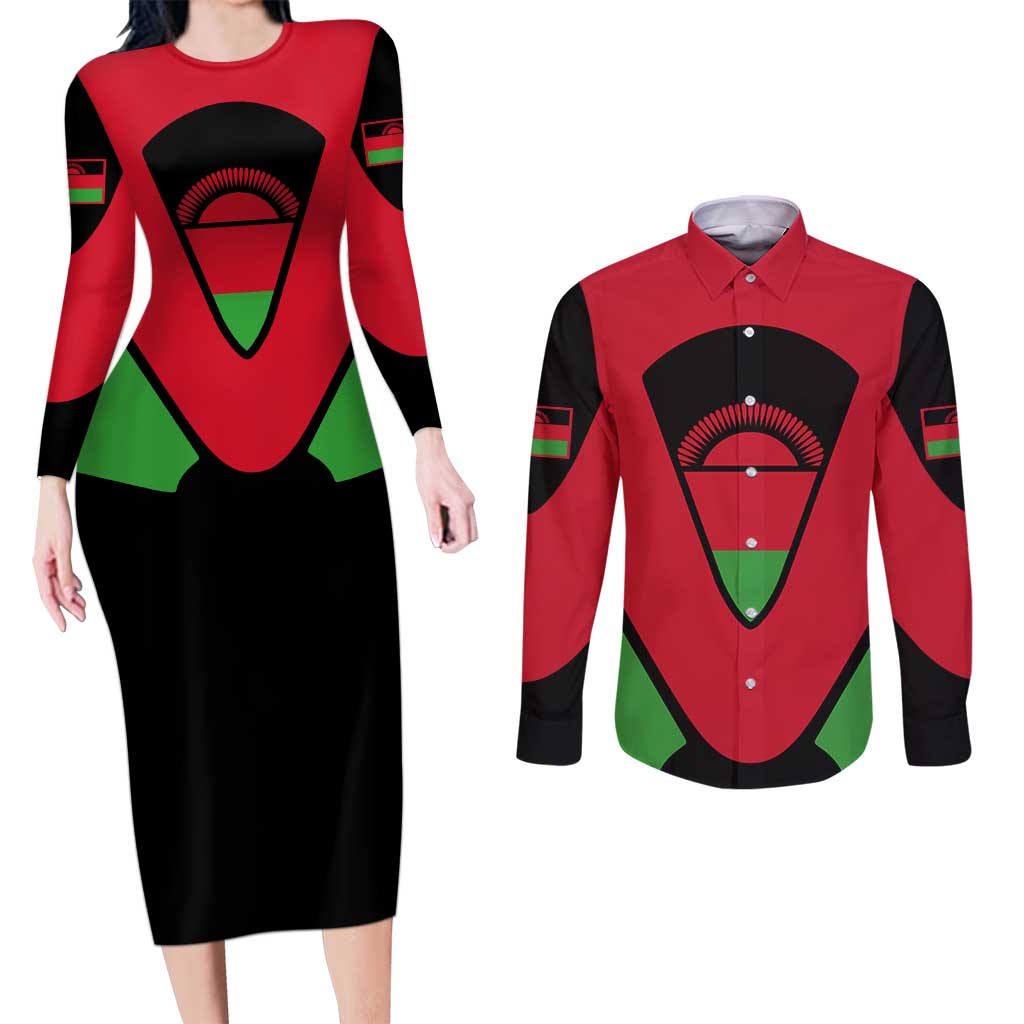 Malawi Flag Couples Matching Long Sleeve Bodycon Dress and Long Sleeve Button Shirt Colors Blended with National Emblem - Symbolic Design