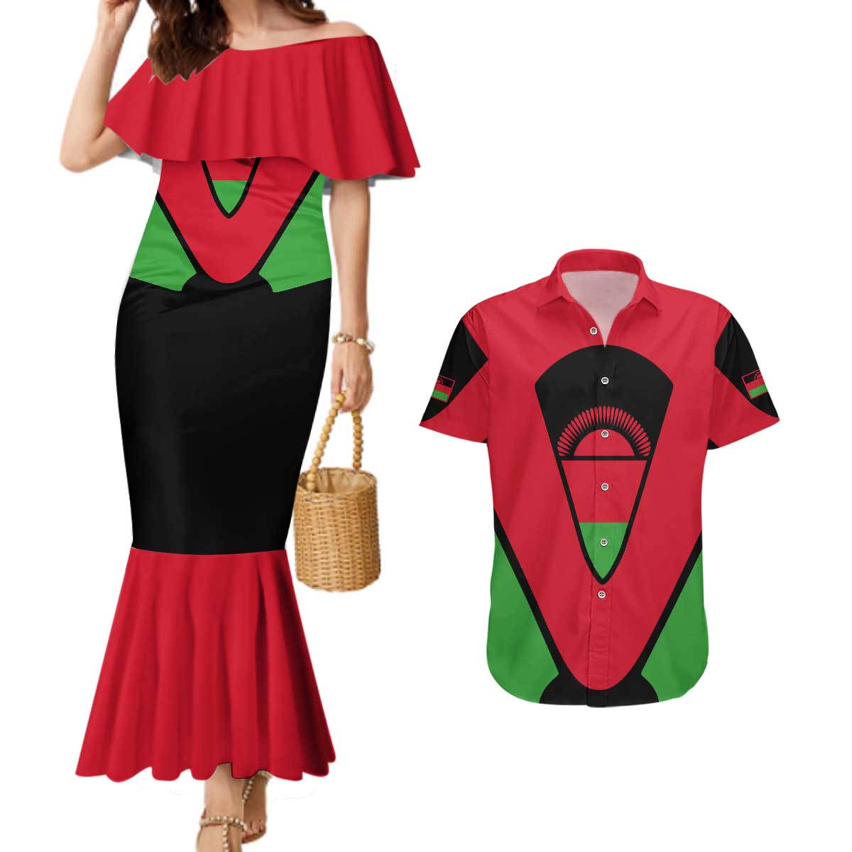 Malawi Flag Couples Matching Mermaid Dress and Hawaiian Shirt Colors Blended with National Emblem - Symbolic Design