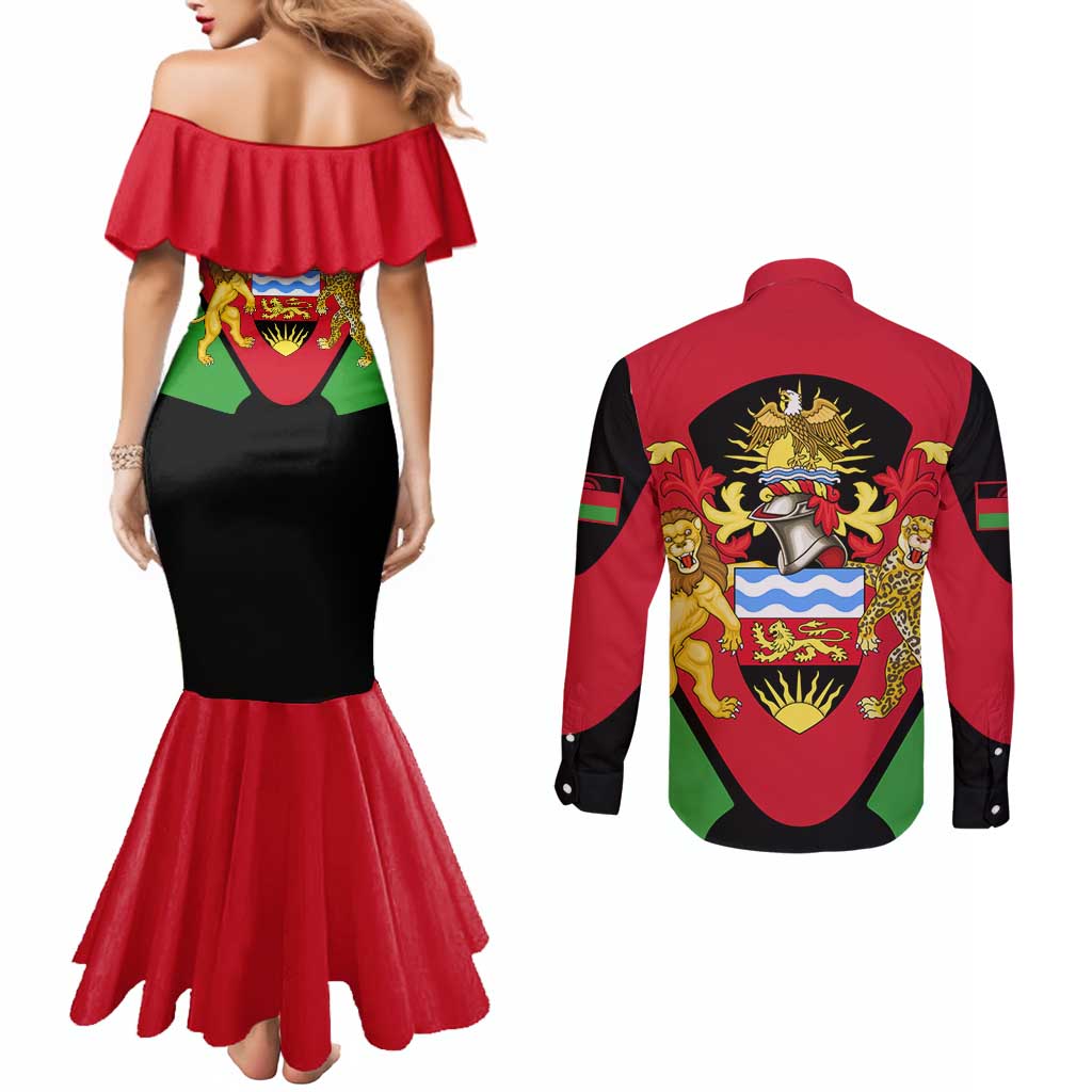 Malawi Flag Couples Matching Mermaid Dress and Long Sleeve Button Shirt Colors Blended with National Emblem - Symbolic Design