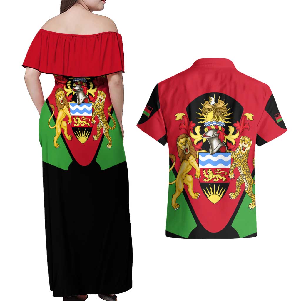 Malawi Flag Couples Matching Off Shoulder Maxi Dress and Hawaiian Shirt Colors Blended with National Emblem - Symbolic Design
