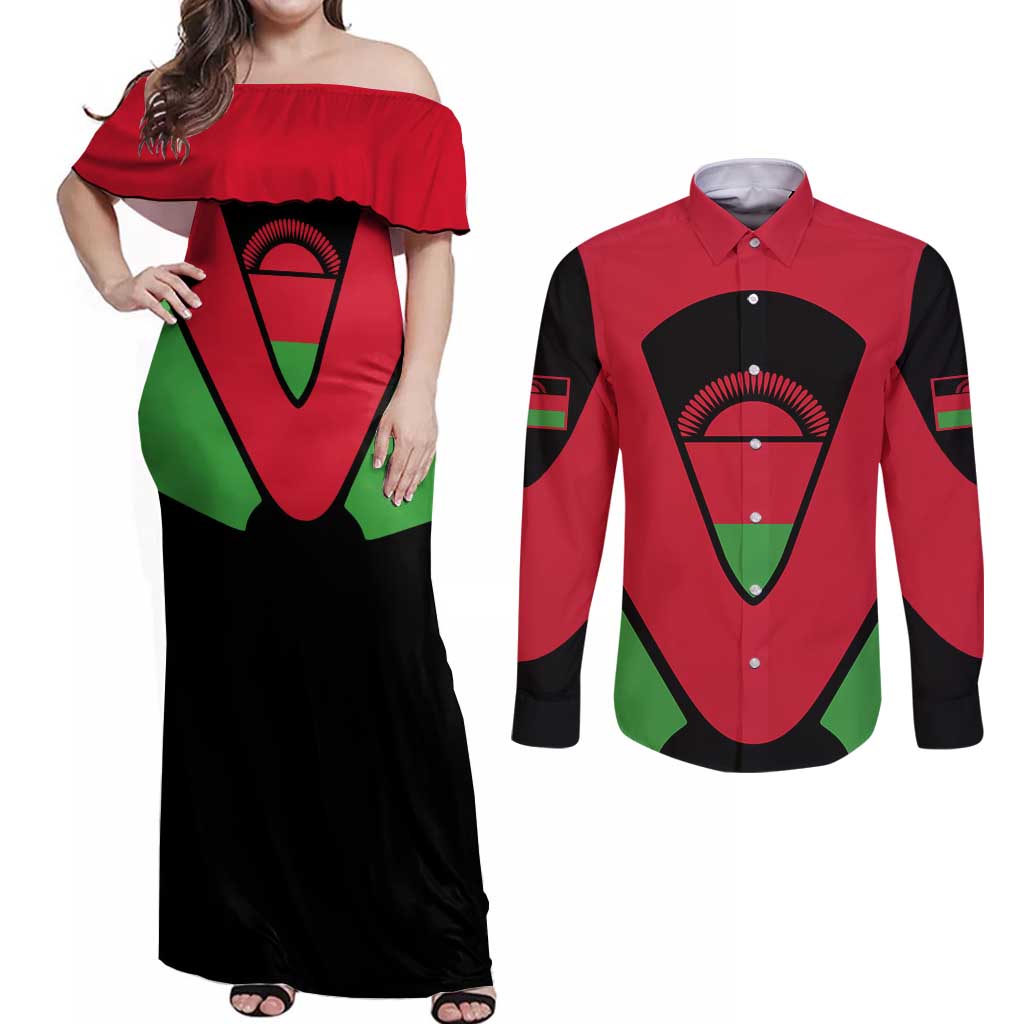 Malawi Flag Couples Matching Off Shoulder Maxi Dress and Long Sleeve Button Shirt Colors Blended with National Emblem - Symbolic Design