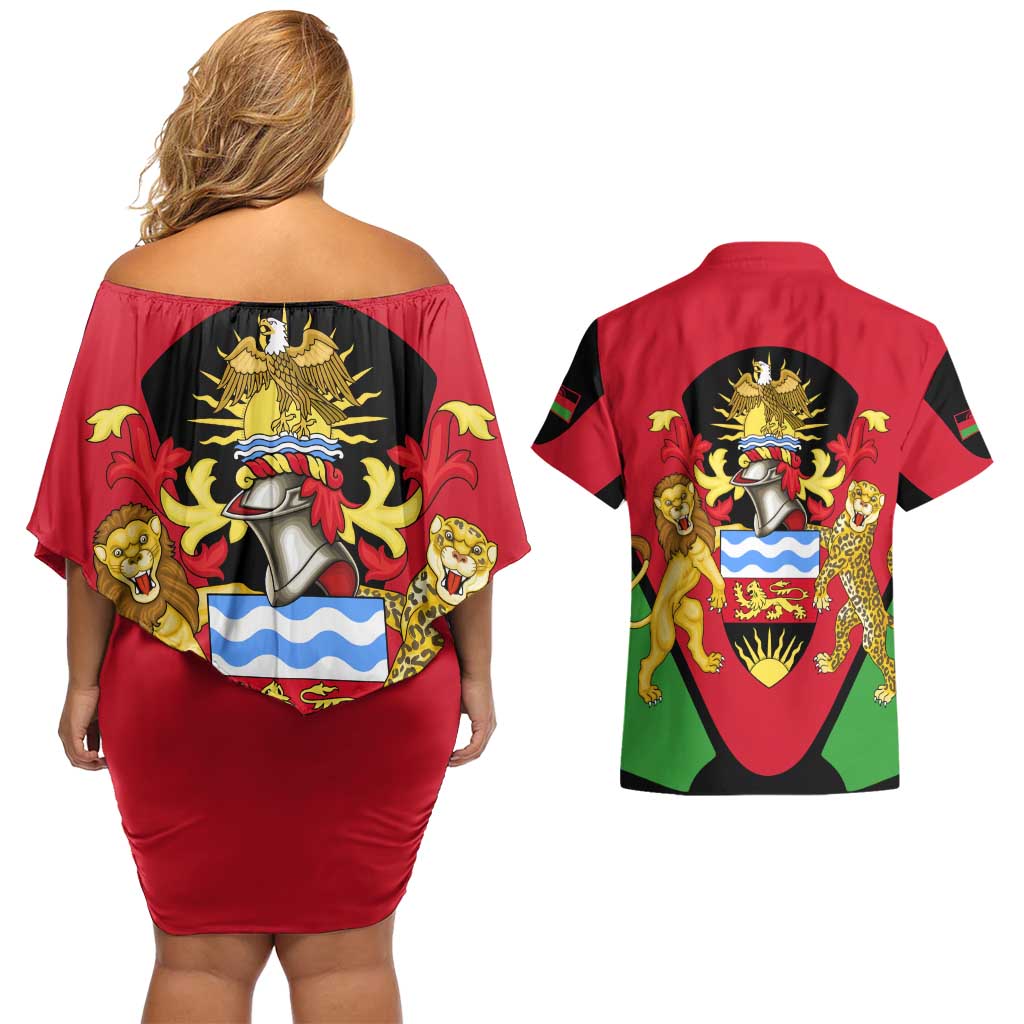 Malawi Flag Couples Matching Off Shoulder Short Dress and Hawaiian Shirt Colors Blended with National Emblem - Symbolic Design