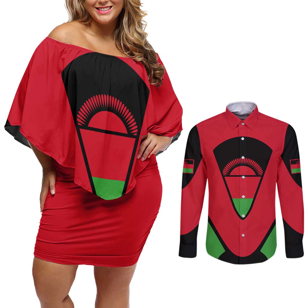 Malawi Flag Couples Matching Off Shoulder Short Dress and Long Sleeve Button Shirt Colors Blended with National Emblem - Symbolic Design
