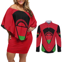 Malawi Flag Couples Matching Off Shoulder Short Dress and Long Sleeve Button Shirt Colors Blended with National Emblem - Symbolic Design