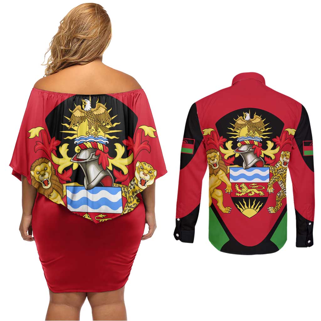Malawi Flag Couples Matching Off Shoulder Short Dress and Long Sleeve Button Shirt Colors Blended with National Emblem - Symbolic Design