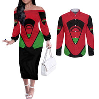 Malawi Flag Couples Matching Off The Shoulder Long Sleeve Dress and Long Sleeve Button Shirt Colors Blended with National Emblem - Symbolic Design