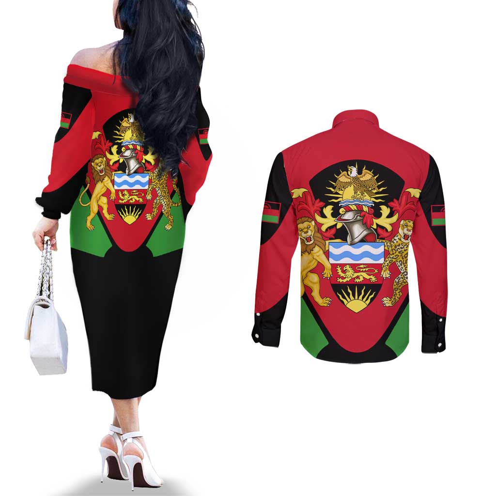 Malawi Flag Couples Matching Off The Shoulder Long Sleeve Dress and Long Sleeve Button Shirt Colors Blended with National Emblem - Symbolic Design