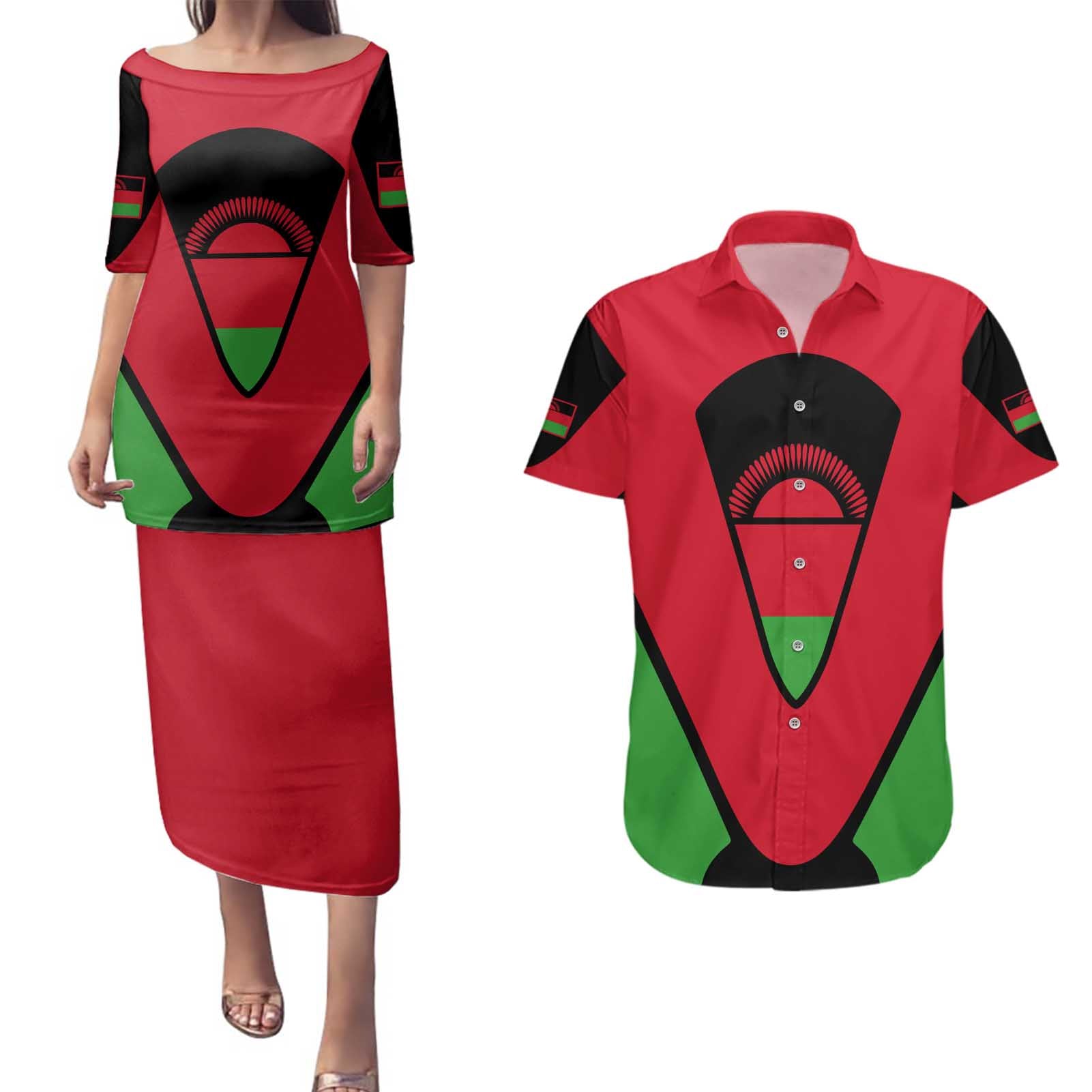 Malawi Flag Couples Matching Puletasi and Hawaiian Shirt Colors Blended with National Emblem - Symbolic Design