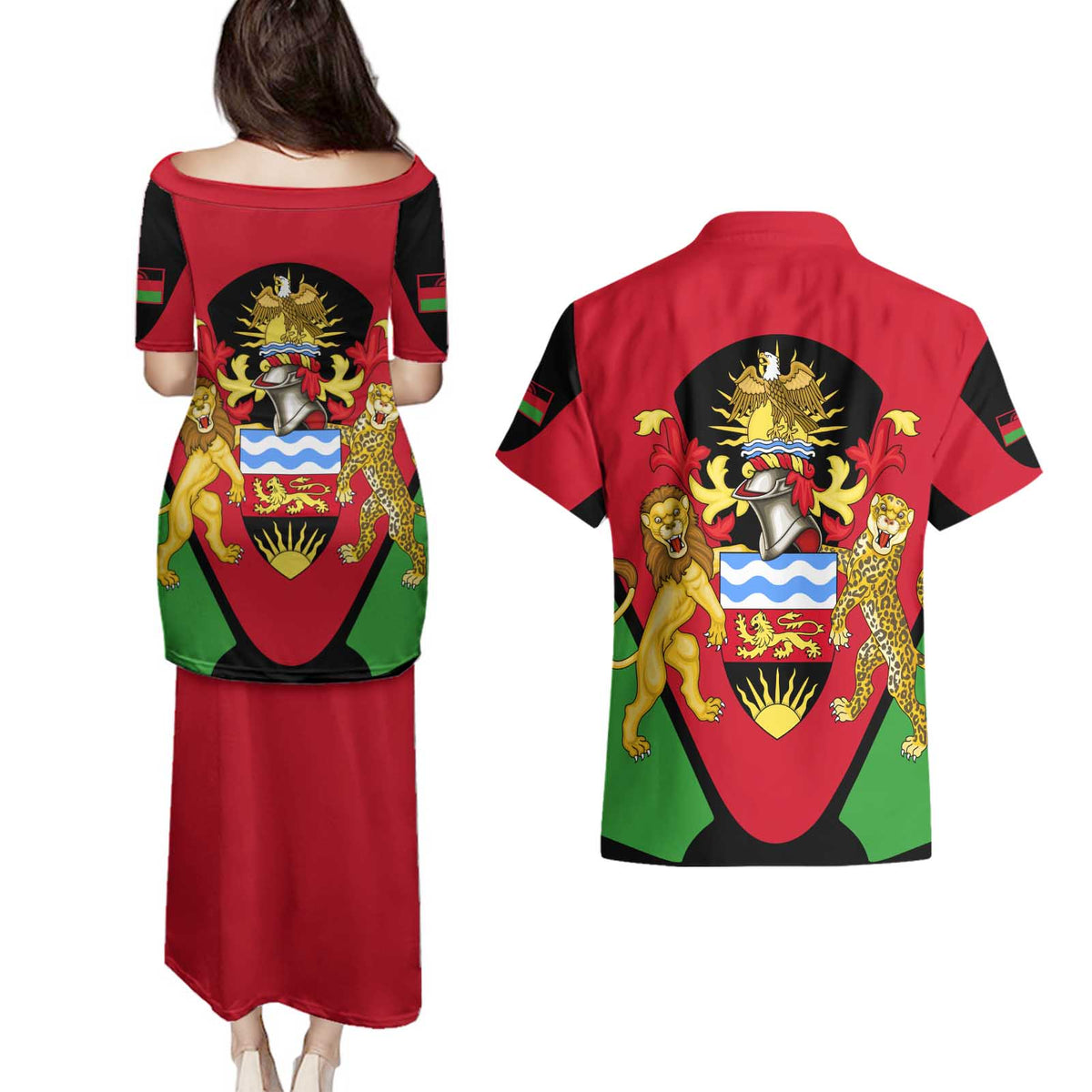 Malawi Flag Couples Matching Puletasi and Hawaiian Shirt Colors Blended with National Emblem - Symbolic Design