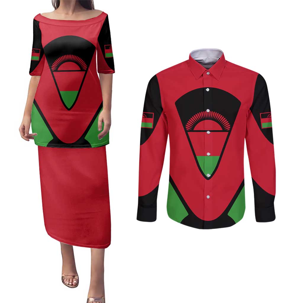 Malawi Flag Couples Matching Puletasi and Long Sleeve Button Shirt Colors Blended with National Emblem - Symbolic Design