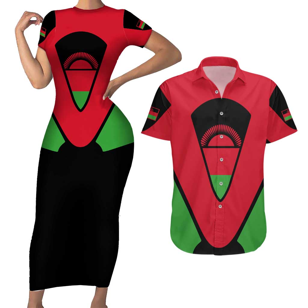 Malawi Flag Couples Matching Short Sleeve Bodycon Dress and Hawaiian Shirt Colors Blended with National Emblem - Symbolic Design