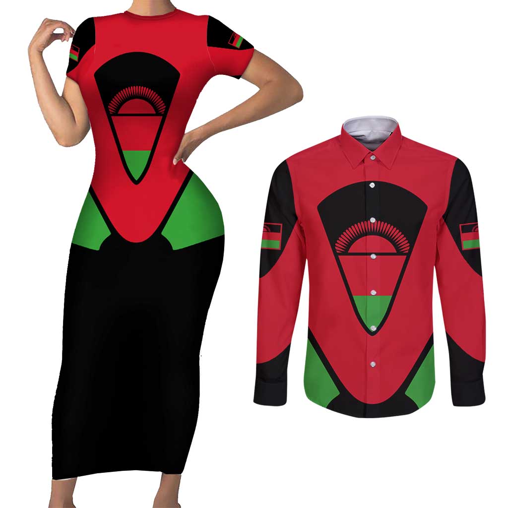 Malawi Flag Couples Matching Short Sleeve Bodycon Dress and Long Sleeve Button Shirt Colors Blended with National Emblem - Symbolic Design