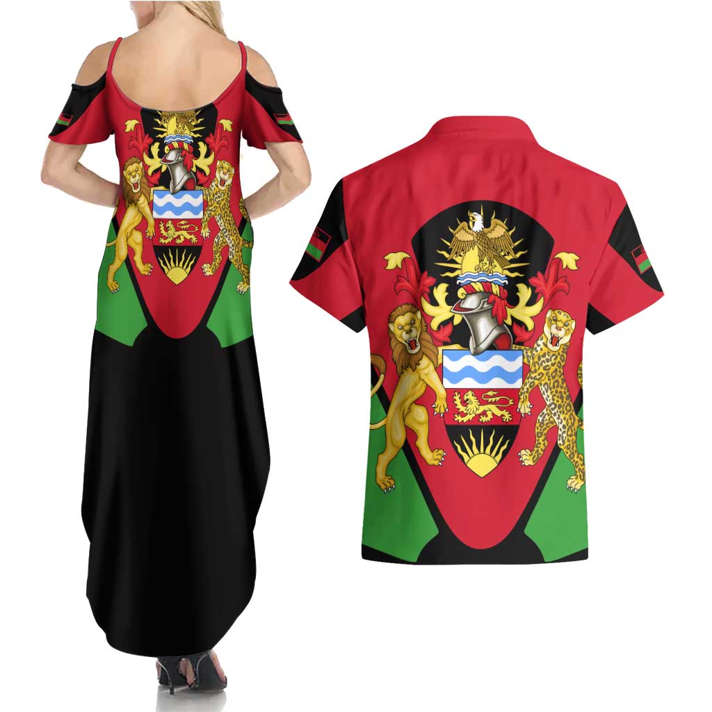 Malawi Flag Couples Matching Summer Maxi Dress and Hawaiian Shirt Colors Blended with National Emblem - Symbolic Design