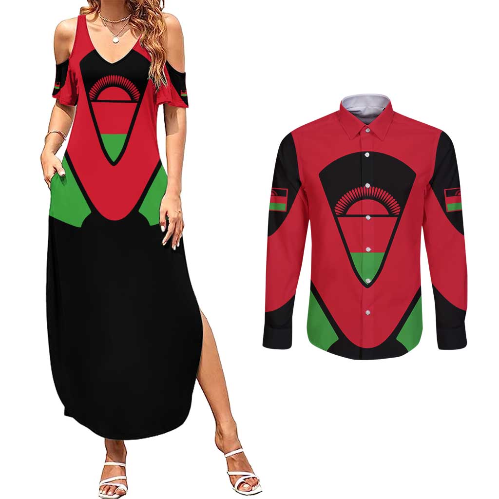 Malawi Flag Couples Matching Summer Maxi Dress and Long Sleeve Button Shirt Colors Blended with National Emblem - Symbolic Design