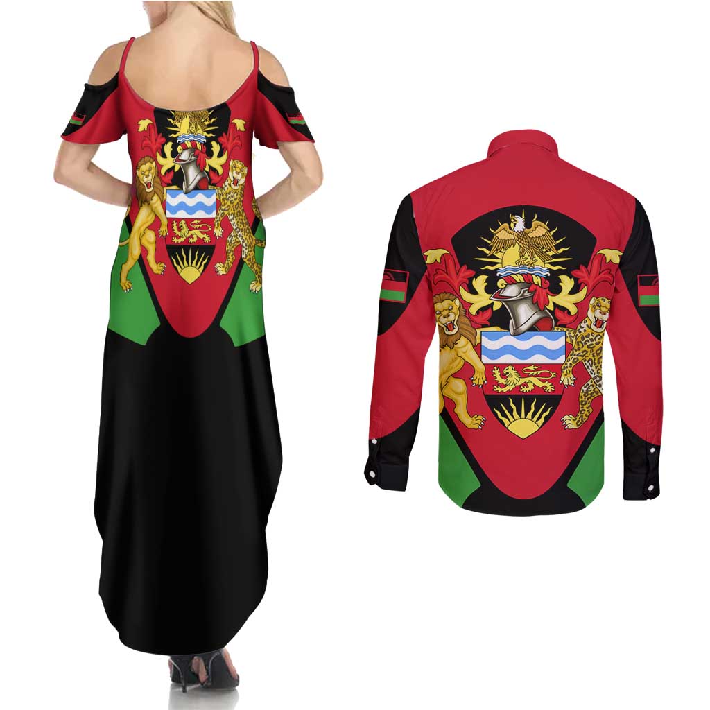 Malawi Flag Couples Matching Summer Maxi Dress and Long Sleeve Button Shirt Colors Blended with National Emblem - Symbolic Design