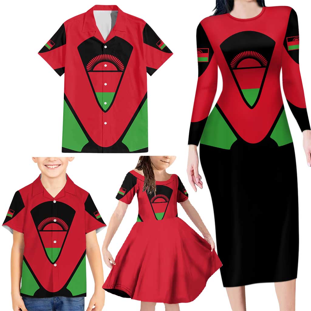 Malawi Flag Family Matching Long Sleeve Bodycon Dress and Hawaiian Shirt Colors Blended with National Emblem - Symbolic Design