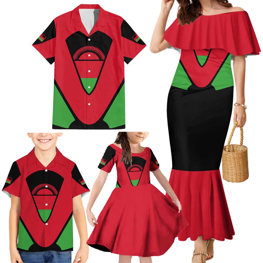 Malawi Flag Family Matching Mermaid Dress and Hawaiian Shirt Colors Blended with National Emblem - Symbolic Design