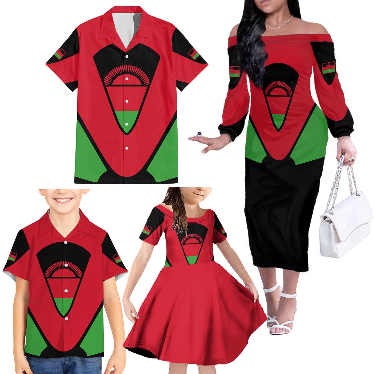 Malawi Flag Family Matching Off The Shoulder Long Sleeve Dress and Hawaiian Shirt Colors Blended with National Emblem - Symbolic Design