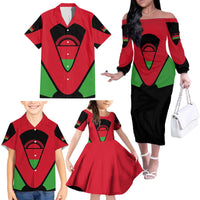 Malawi Flag Family Matching Off The Shoulder Long Sleeve Dress and Hawaiian Shirt Colors Blended with National Emblem - Symbolic Design