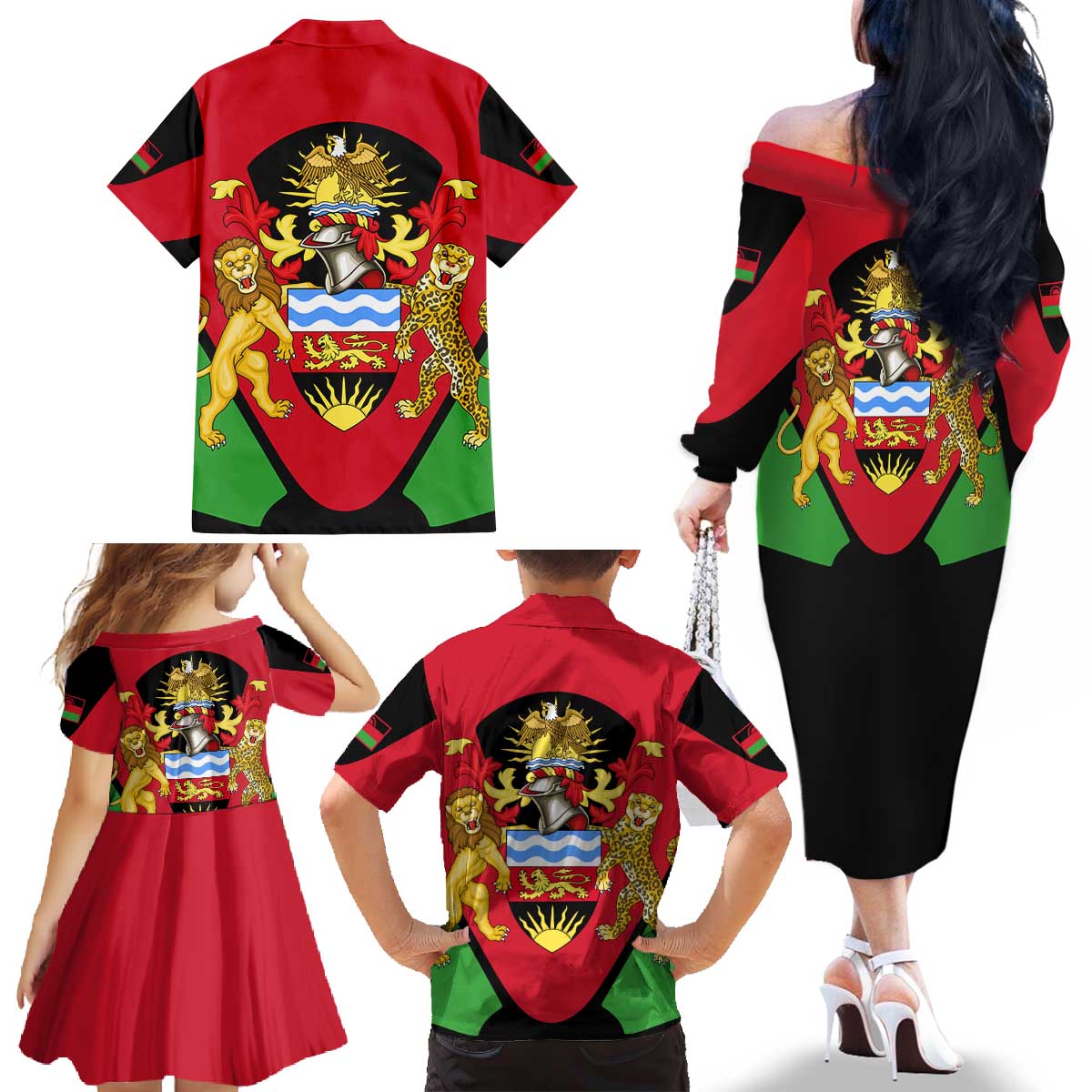 Malawi Flag Family Matching Off The Shoulder Long Sleeve Dress and Hawaiian Shirt Colors Blended with National Emblem - Symbolic Design