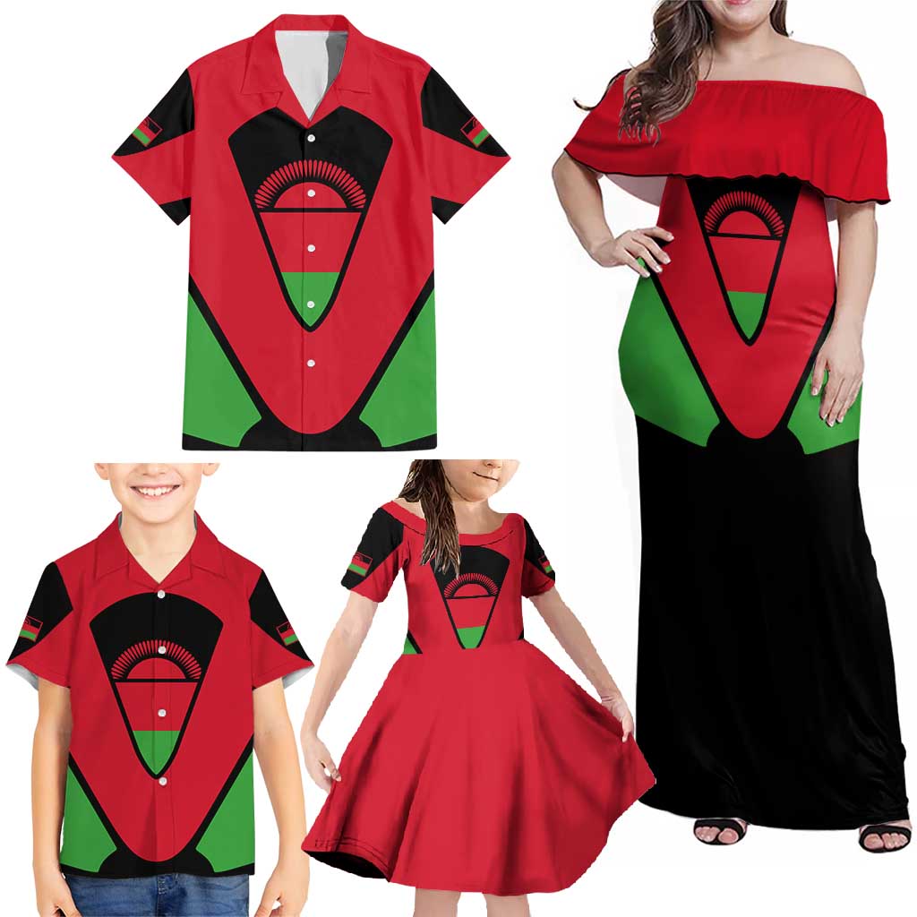 Malawi Flag Family Matching Off Shoulder Maxi Dress and Hawaiian Shirt Colors Blended with National Emblem - Symbolic Design