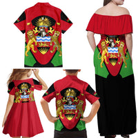 Malawi Flag Family Matching Off Shoulder Maxi Dress and Hawaiian Shirt Colors Blended with National Emblem - Symbolic Design