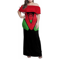 Malawi Flag Family Matching Off Shoulder Maxi Dress and Hawaiian Shirt Colors Blended with National Emblem - Symbolic Design