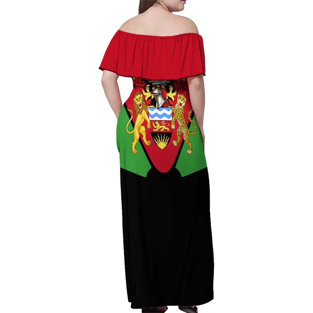 Malawi Flag Family Matching Off Shoulder Maxi Dress and Hawaiian Shirt Colors Blended with National Emblem - Symbolic Design