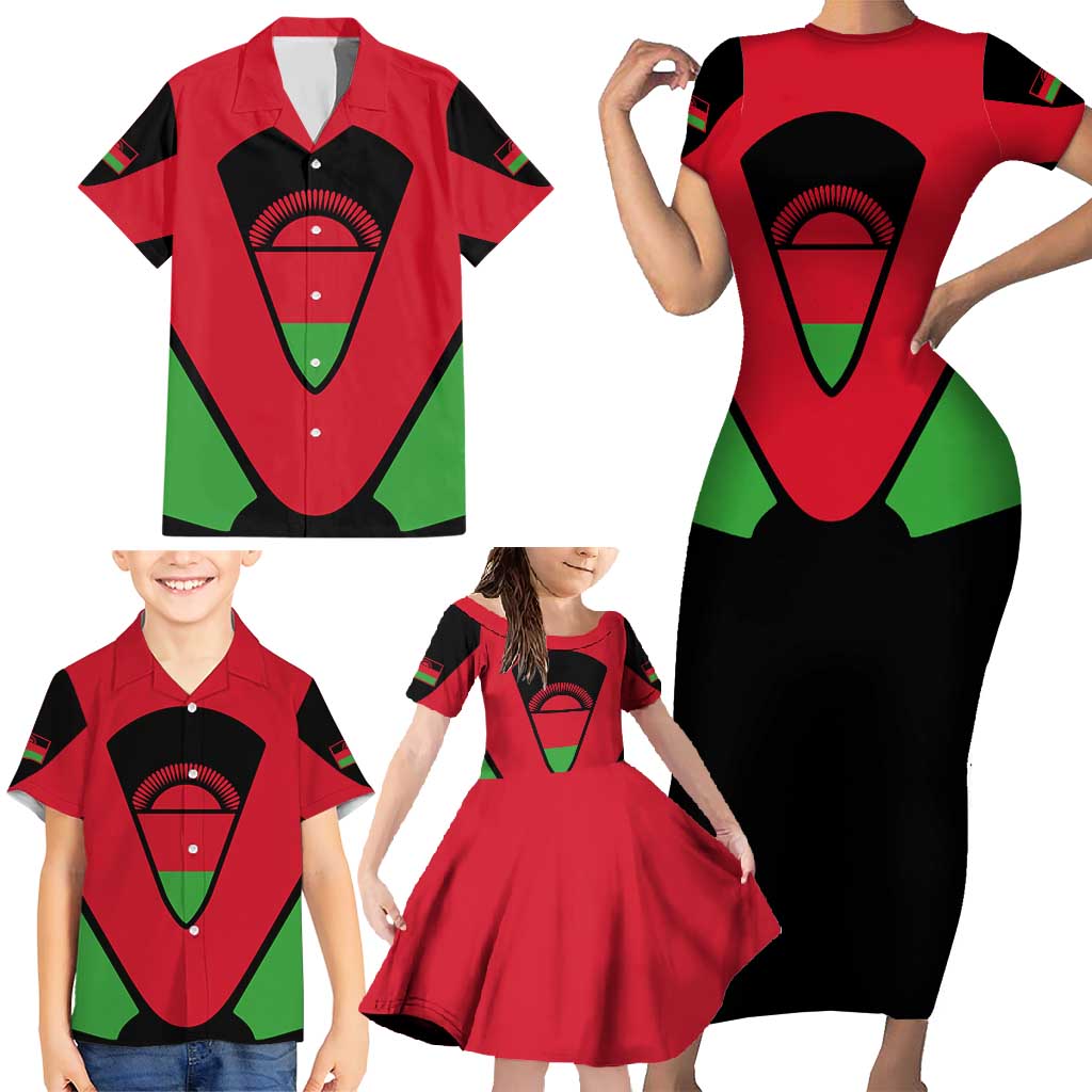 Malawi Flag Family Matching Short Sleeve Bodycon Dress and Hawaiian Shirt Colors Blended with National Emblem - Symbolic Design
