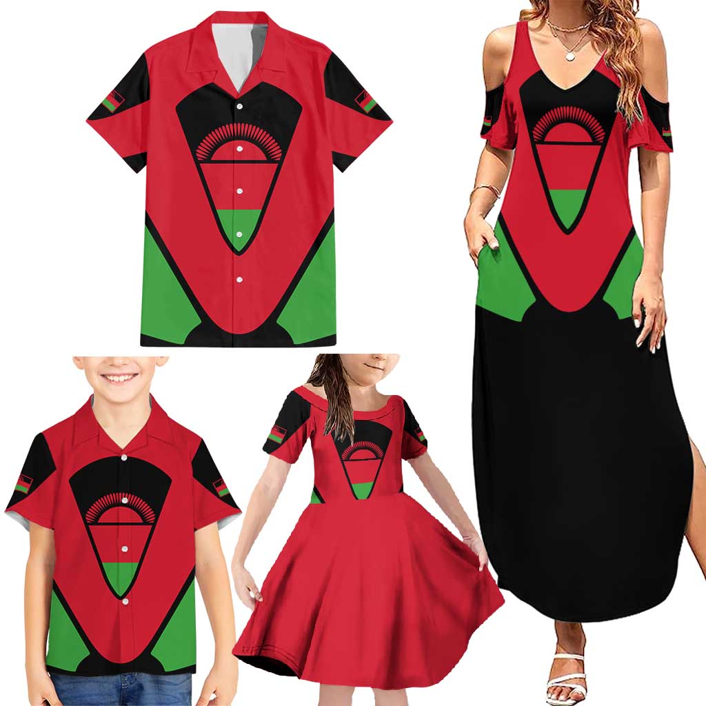 Malawi Flag Family Matching Summer Maxi Dress and Hawaiian Shirt Colors Blended with National Emblem - Symbolic Design