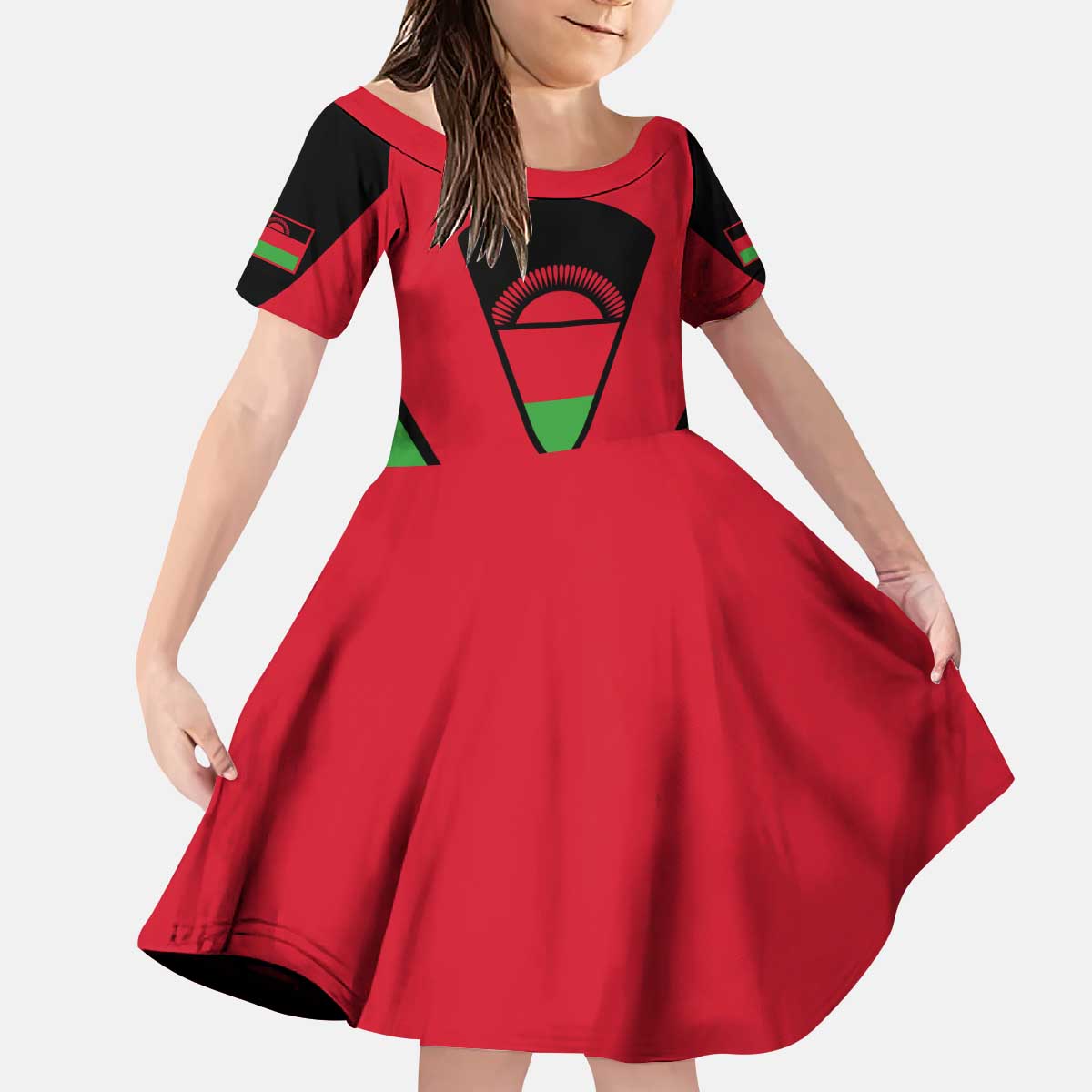 Malawi Flag Kid Short Sleeve Dress Colors Blended with National Emblem - Symbolic Design