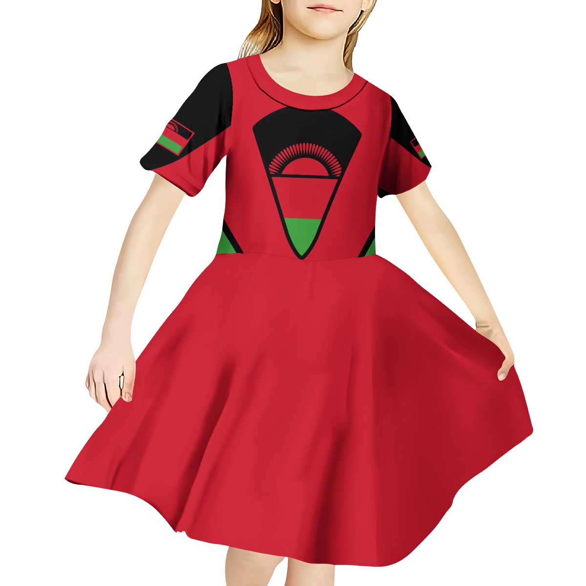 Malawi Flag Kid Short Sleeve Dress Colors Blended with National Emblem - Symbolic Design