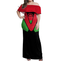 Malawi Flag Off Shoulder Maxi Dress Colors Blended with National Emblem - Symbolic Design