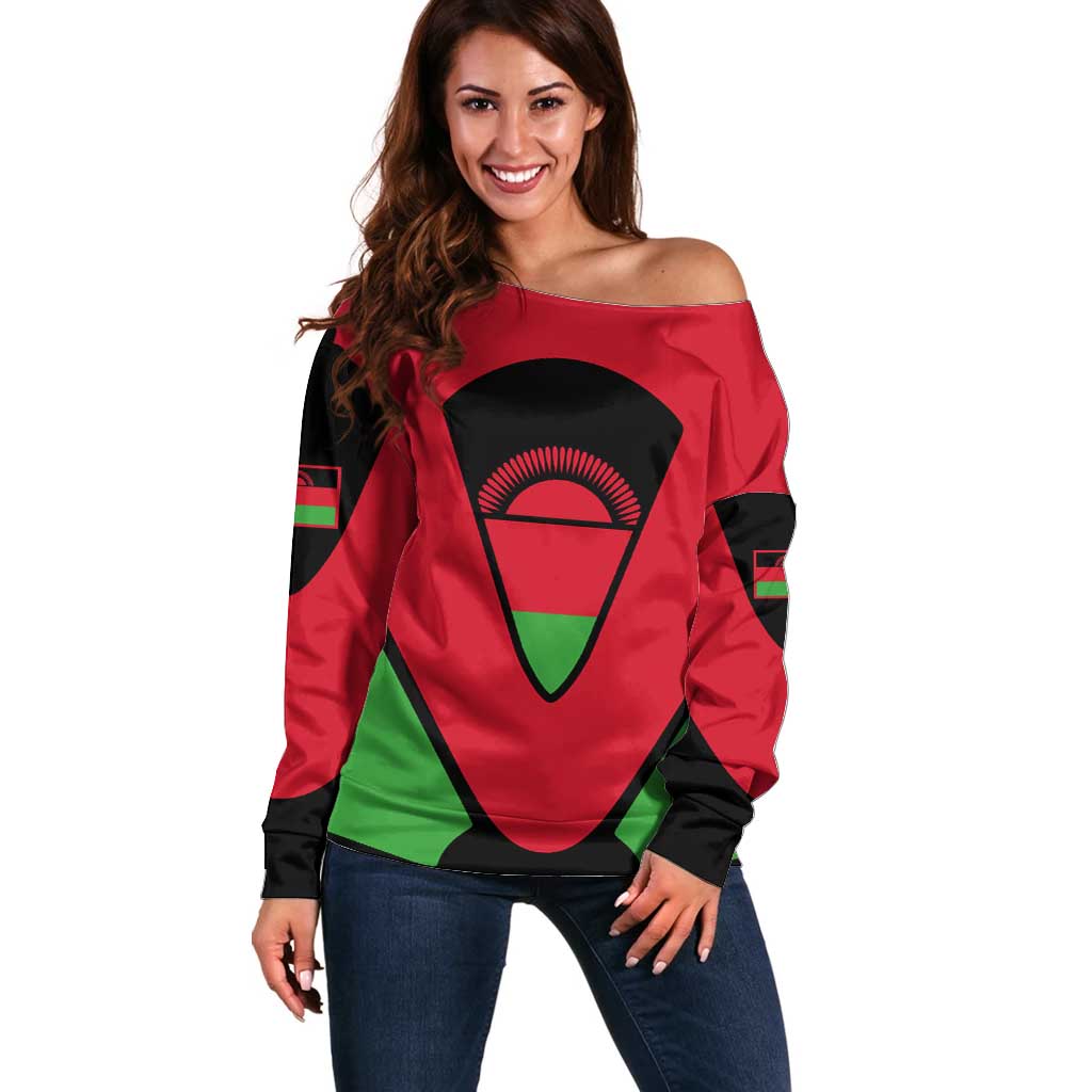 Malawi Flag Off Shoulder Sweater Colors Blended with National Emblem - Symbolic Design