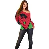 Malawi Flag Off Shoulder Sweater Colors Blended with National Emblem - Symbolic Design