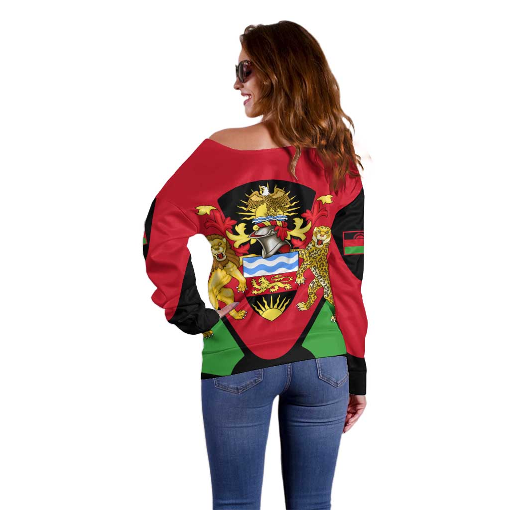 Malawi Flag Off Shoulder Sweater Colors Blended with National Emblem - Symbolic Design