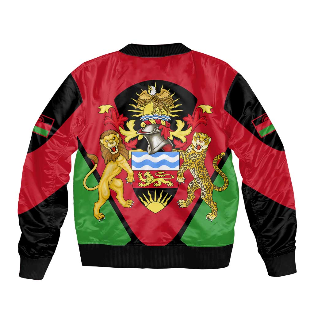 Malawi Flag Sleeve Zip Bomber Jacket Colors Blended with National Emblem - Symbolic Design