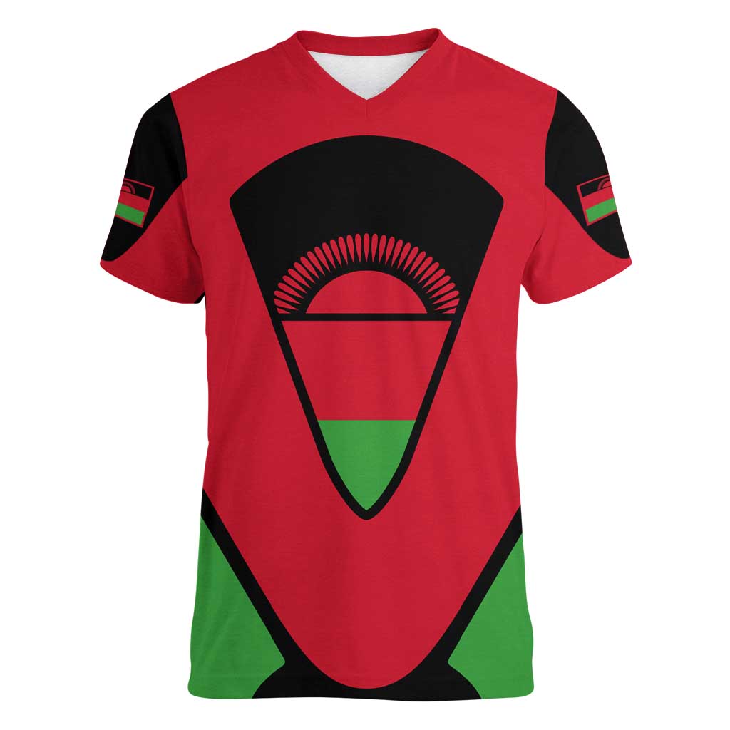 Malawi Flag Women V-Neck T-Shirt Colors Blended with National Emblem - Symbolic Design