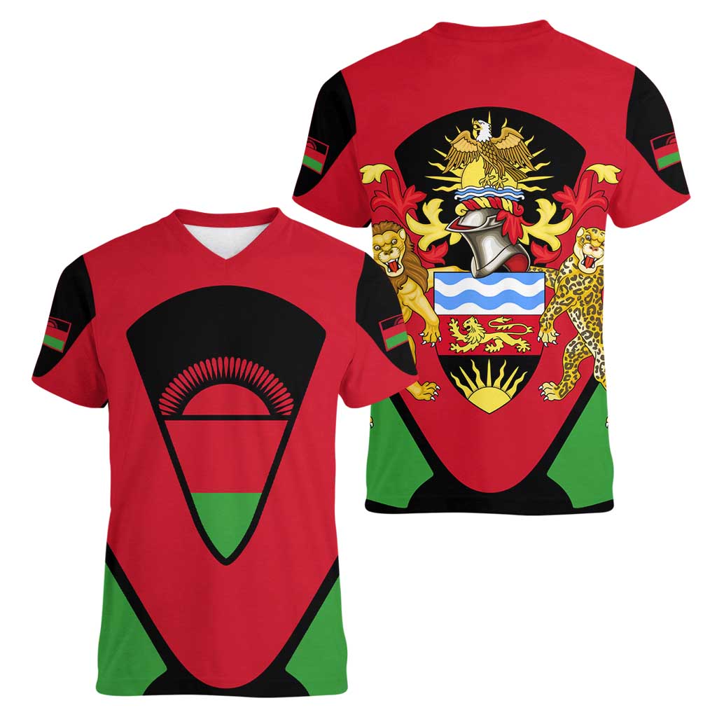 Malawi Flag Women V-Neck T-Shirt Colors Blended with National Emblem - Symbolic Design