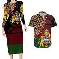 Malawi Couples Matching Long Sleeve Bodycon Dress and Hawaiian Shirt Coat of Arms & Leopard Print - Unique Motif Fusion