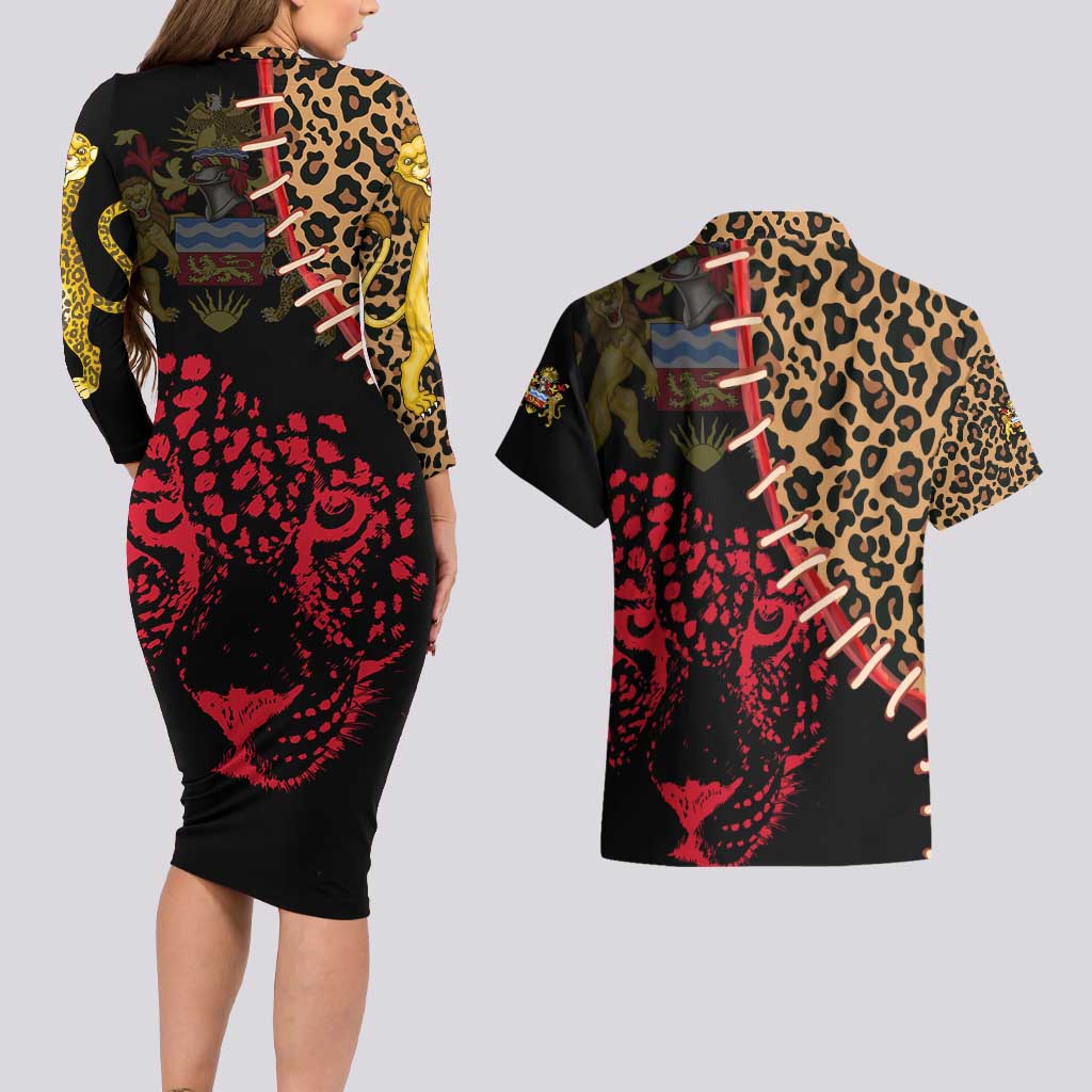 Malawi Couples Matching Long Sleeve Bodycon Dress and Hawaiian Shirt Coat of Arms & Leopard Print - Unique Motif Fusion